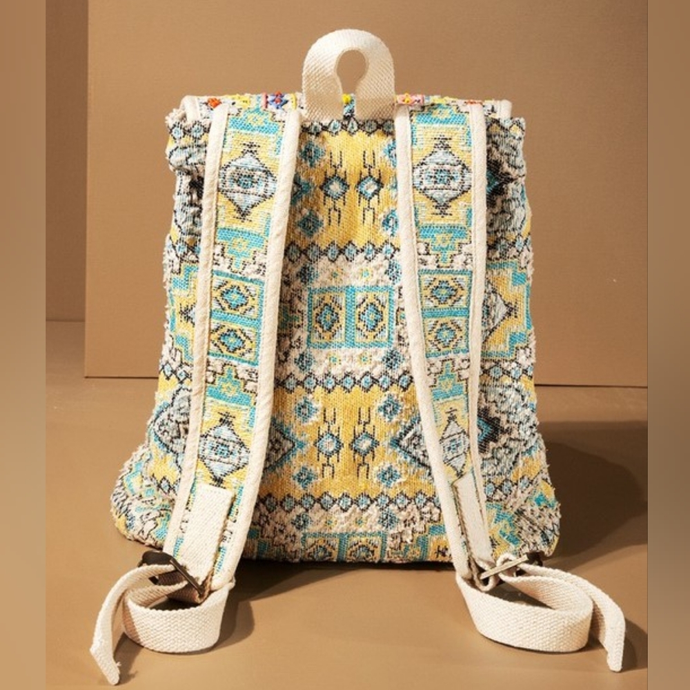 Boho Chic Backpack - Ethnic Inspired Pattern - Hand Beaded Accents - Fine Cotton - Picture 3 of 16